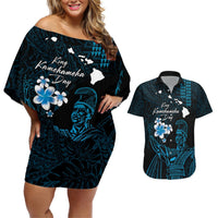 Personalised Hawaii King Kamehameha Day Couples Matching Off Shoulder Short Dress and Hawaiian Shirt Plumeria With Kakau Pattern - Blue LT14 Blue - Polynesian Pride