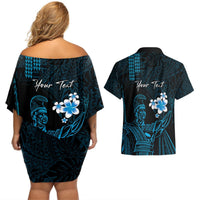 Personalised Hawaii King Kamehameha Day Couples Matching Off Shoulder Short Dress and Hawaiian Shirt Plumeria With Kakau Pattern - Blue LT14 - Polynesian Pride