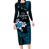 Personalised Hawaii King Kamehameha Day Family Matching Long Sleeve Bodycon Dress and Hawaiian Shirt Plumeria With Kakau Pattern - Blue LT14 Mom's Dress Blue - Polynesian Pride