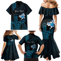 Personalised Hawaii King Kamehameha Day Family Matching Mermaid Dress and Hawaiian Shirt Plumeria With Kakau Pattern - Blue LT14 - Polynesian Pride