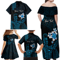 Personalised Hawaii King Kamehameha Day Family Matching Off Shoulder Maxi Dress and Hawaiian Shirt Plumeria With Kakau Pattern - Blue