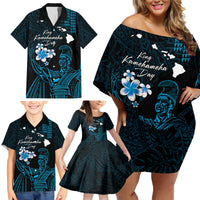 Personalised Hawaii King Kamehameha Day Family Matching Off Shoulder Short Dress and Hawaiian Shirt Plumeria With Kakau Pattern - Blue LT14 - Polynesian Pride