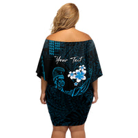 Personalised Hawaii King Kamehameha Day Family Matching Off Shoulder Short Dress and Hawaiian Shirt Plumeria With Kakau Pattern - Blue LT14 - Polynesian Pride