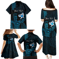 Personalised Hawaii King Kamehameha Day Family Matching Puletasi and Hawaiian Shirt Plumeria With Kakau Pattern - Blue LT14 - Polynesian Pride