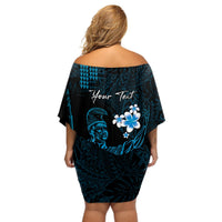 Personalised Hawaii King Kamehameha Day Off Shoulder Short Dress Plumeria With Kakau Pattern - Blue