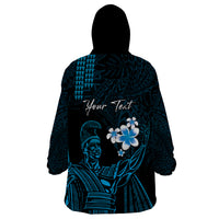 Personalised Hawaii King Kamehameha Day Wearable Blanket Hoodie Plumeria With Kakau Pattern - Blue