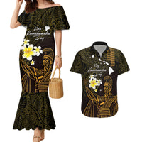 Personalised Hawaii King Kamehameha Day Couples Matching Mermaid Dress and Hawaiian Shirt Plumeria With Kakau Pattern - Gold LT14 Gold - Polynesian Pride