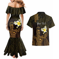 Personalised Hawaii King Kamehameha Day Couples Matching Mermaid Dress and Hawaiian Shirt Plumeria With Kakau Pattern - Gold LT14 - Polynesian Pride