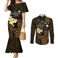 Personalised Hawaii King Kamehameha Day Couples Matching Mermaid Dress and Long Sleeve Button Shirt Plumeria With Kakau Pattern - Gold LT14 Gold - Polynesian Pride