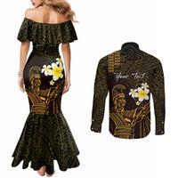 Personalised Hawaii King Kamehameha Day Couples Matching Mermaid Dress and Long Sleeve Button Shirt Plumeria With Kakau Pattern - Gold LT14 - Polynesian Pride