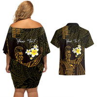 Personalised Hawaii King Kamehameha Day Couples Matching Off Shoulder Short Dress and Hawaiian Shirt Plumeria With Kakau Pattern - Gold LT14 - Polynesian Pride