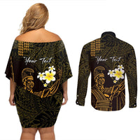 Personalised Hawaii King Kamehameha Day Couples Matching Off Shoulder Short Dress and Long Sleeve Button Shirt Plumeria With Kakau Pattern - Gold LT14 - Polynesian Pride