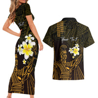 Personalised Hawaii King Kamehameha Day Couples Matching Short Sleeve Bodycon Dress and Hawaiian Shirt Plumeria With Kakau Pattern - Gold LT14 - Polynesian Pride
