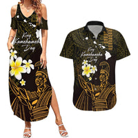 Personalised Hawaii King Kamehameha Day Couples Matching Summer Maxi Dress and Hawaiian Shirt Plumeria With Kakau Pattern - Gold LT14 Gold - Polynesian Pride