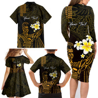 Personalised Hawaii King Kamehameha Day Family Matching Long Sleeve Bodycon Dress and Hawaiian Shirt Plumeria With Kakau Pattern - Gold LT14 - Polynesian Pride