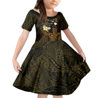 Personalised Hawaii King Kamehameha Day Family Matching Mermaid Dress and Hawaiian Shirt Plumeria With Kakau Pattern - Gold LT14 Daughter's Dress Gold - Polynesian Pride