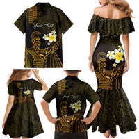 Personalised Hawaii King Kamehameha Day Family Matching Mermaid Dress and Hawaiian Shirt Plumeria With Kakau Pattern - Gold LT14 - Polynesian Pride