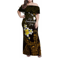 Personalised Hawaii King Kamehameha Day Family Matching Off Shoulder Maxi Dress and Hawaiian Shirt Plumeria With Kakau Pattern - Gold