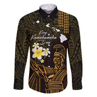 Personalised Hawaii King Kamehameha Day Family Matching Off Shoulder Short Dress and Hawaiian Shirt Plumeria With Kakau Pattern - Gold LT14 Dad's Shirt - Long Sleeve Gold - Polynesian Pride