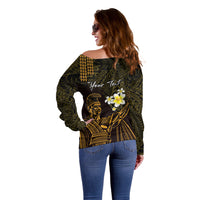 Personalised Hawaii King Kamehameha Day Off Shoulder Sweater Plumeria With Kakau Pattern - Gold
