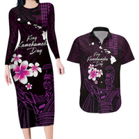 Personalised Hawaii King Kamehameha Day Couples Matching Long Sleeve Bodycon Dress and Hawaiian Shirt Plumeria With Kakau Pattern - Purple LT14 Purple - Polynesian Pride