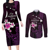Personalised Hawaii King Kamehameha Day Couples Matching Long Sleeve Bodycon Dress and Long Sleeve Button Shirt Plumeria With Kakau Pattern - Purple LT14 Purple - Polynesian Pride