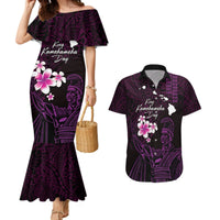 Personalised Hawaii King Kamehameha Day Couples Matching Mermaid Dress and Hawaiian Shirt Plumeria With Kakau Pattern - Purple LT14 Purple - Polynesian Pride