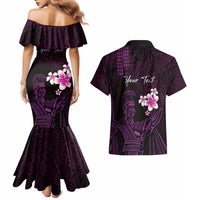Personalised Hawaii King Kamehameha Day Couples Matching Mermaid Dress and Hawaiian Shirt Plumeria With Kakau Pattern - Purple LT14 - Polynesian Pride