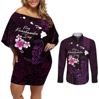 Personalised Hawaii King Kamehameha Day Couples Matching Off Shoulder Short Dress and Long Sleeve Button Shirt Plumeria With Kakau Pattern - Purple LT14 Purple - Polynesian Pride