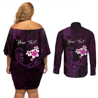 Personalised Hawaii King Kamehameha Day Couples Matching Off Shoulder Short Dress and Long Sleeve Button Shirt Plumeria With Kakau Pattern - Purple LT14 - Polynesian Pride