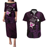 Personalised Hawaii King Kamehameha Day Couples Matching Puletasi and Hawaiian Shirt Plumeria With Kakau Pattern - Purple LT14 Purple - Polynesian Pride