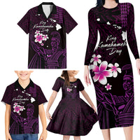 Personalised Hawaii King Kamehameha Day Family Matching Long Sleeve Bodycon Dress and Hawaiian Shirt Plumeria With Kakau Pattern - Purple LT14 - Polynesian Pride