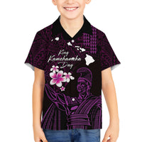 Personalised Hawaii King Kamehameha Day Family Matching Long Sleeve Bodycon Dress and Hawaiian Shirt Plumeria With Kakau Pattern - Purple LT14 Son's Shirt Purple - Polynesian Pride