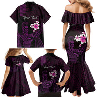 Personalised Hawaii King Kamehameha Day Family Matching Mermaid Dress and Hawaiian Shirt Plumeria With Kakau Pattern - Purple LT14 - Polynesian Pride