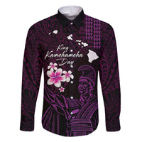 Personalised Hawaii King Kamehameha Day Family Matching Mermaid Dress and Hawaiian Shirt Plumeria With Kakau Pattern - Purple LT14 Dad's Shirt - Long Sleeve Purple - Polynesian Pride
