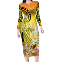 Polynesia Easter Day Family Matching Long Sleeve Bodycon Dress and Hawaiian Shirt He Is Risen Lilium Longiflorum Polynesian Pattern