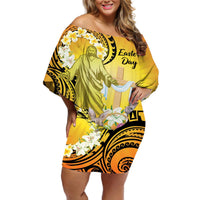 Polynesia Easter Day Off Shoulder Short Dress He Is Risen Lilium Longiflorum Polynesian Pattern LT14 Women Gold - Polynesian Pride