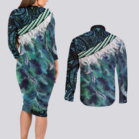 Turquoise Traditional Cloak Aotearoa Couples Matching Long Sleeve Bodycon Dress and Long Sleeve Button Shirt Maori Paua Shell Korowai Pattern