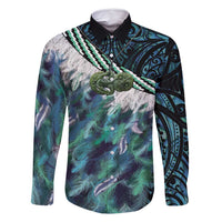 Turquoise Traditional Cloak Aotearoa Family Matching Long Sleeve Bodycon Dress and Hawaiian Shirt Maori Paua Shell Korowai Pattern LT14 Dad's Shirt - Long Sleeve Turquoise - Polynesian Pride