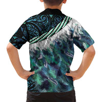 Turquoise Traditional Cloak Aotearoa Family Matching Off Shoulder Short Dress and Hawaiian Shirt Maori Paua Shell Korowai Pattern