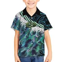 Turquoise Traditional Cloak Aotearoa Family Matching Off Shoulder Short Dress and Hawaiian Shirt Maori Paua Shell Korowai Pattern