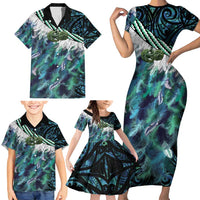Turquoise Traditional Cloak Aotearoa Family Matching Short Sleeve Bodycon Dress and Hawaiian Shirt Maori Paua Shell Korowai Pattern LT14 - Polynesian Pride