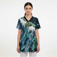Turquoise Traditional Cloak Aotearoa Scrub Top Maori Paua Shell Korowai Pattern - Polynesian Pride