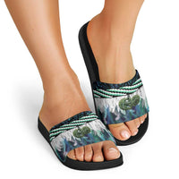 Turquoise Traditional Cloak Aotearoa Slide Sandals Maori Paua Shell Korowai Pattern - Polynesian Pride