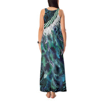 Turquoise Traditional Cloak Aotearoa Tank Maxi Dress Maori Paua Shell Korowai Pattern