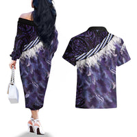 Purple Traditional Cloak Aotearoa Couples Matching Off The Shoulder Long Sleeve Dress and Hawaiian Shirt Maori Paua Shell Korowai Pattern LT14 - Polynesian Pride