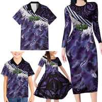 Purple Traditional Cloak Aotearoa Family Matching Long Sleeve Bodycon Dress and Hawaiian Shirt Maori Paua Shell Korowai Pattern LT14 - Polynesian Pride