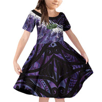 Purple Traditional Cloak Aotearoa Family Matching Off Shoulder Short Dress and Hawaiian Shirt Maori Paua Shell Korowai Pattern