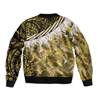 Yellow Traditional Cloak Aotearoa Bomber Jacket Maori Paua Shell Korowai Pattern