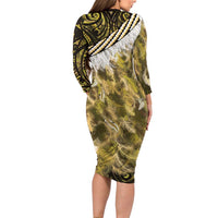 Yellow Traditional Cloak Aotearoa Family Matching Long Sleeve Bodycon Dress and Hawaiian Shirt Maori Paua Shell Korowai Pattern LT14 - Polynesian Pride